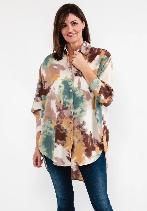 Seventy1 Oversize Abstract Print Shirt, Brown Multi-- Print Jacquard Patchwork