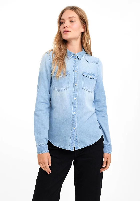 Vero Moda Maria Denim Slim Shirt, Light Blue Denim-- Print Jacquard Patchwork