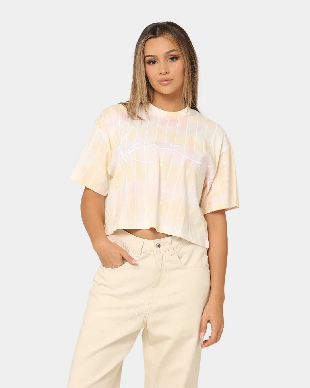 Karl Kani Women's Signature Tie Dye Pinstripe Cropped T-Shirt Light Orange-- Modern Contemporary Chic Karl Kani Women's Signature Tie Dye Pinstripe Cropped T-Shirt Light Orange-- Modern Contemporary Chic