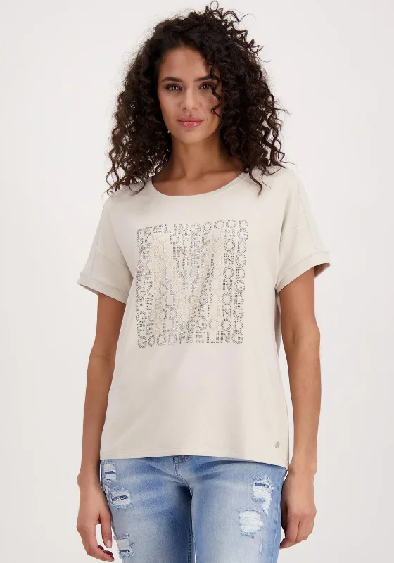 Monari Felling Good Rhinestone T-Shirt, Beige-- Spandex Blend Rayon Blend Denim Blend