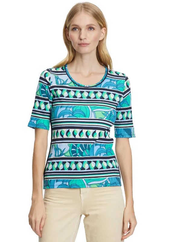 Betty Barclay Ribbed Panel Print T-Shirt, Multi-- Notch Collar Peter Pan Collar Cowl Neck