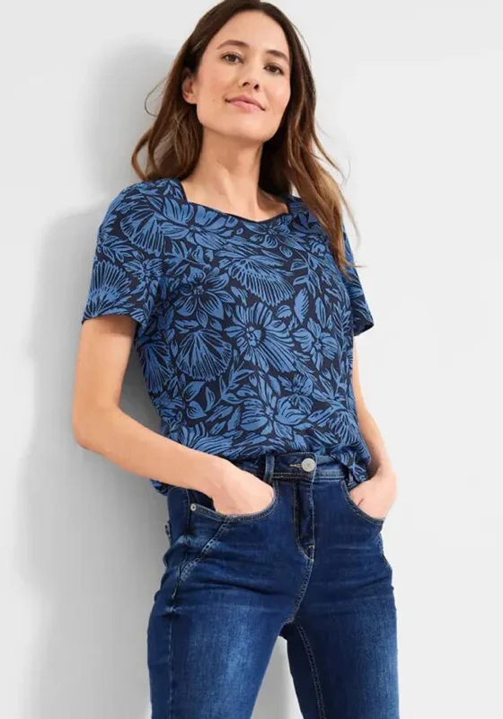Cecil Floral Print T-Shirt, Deep Blue-- Terry Blend Velvet Blend Canvas Blend