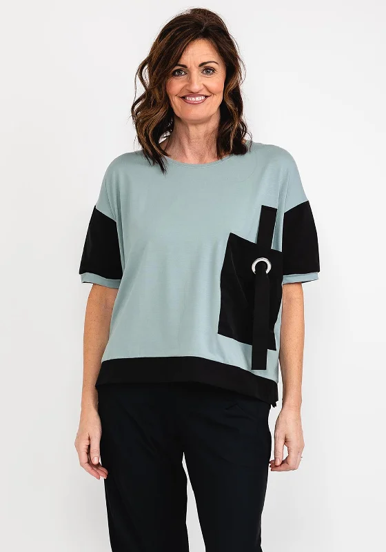 Elsewhere Contrast Material Trim T-Shirt, Eucalyptus-- Ribbed Striped Patterned