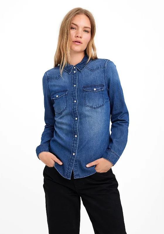 Vero Moda Maria Denim Slim Shirt, Medium Blue Denim-- Polka Dot Checkered Tartan