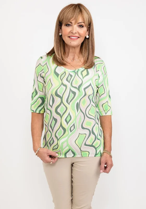 Bianca Malve Printed T-Shirt, Green Multi-- Asymmetrical Pockets Print