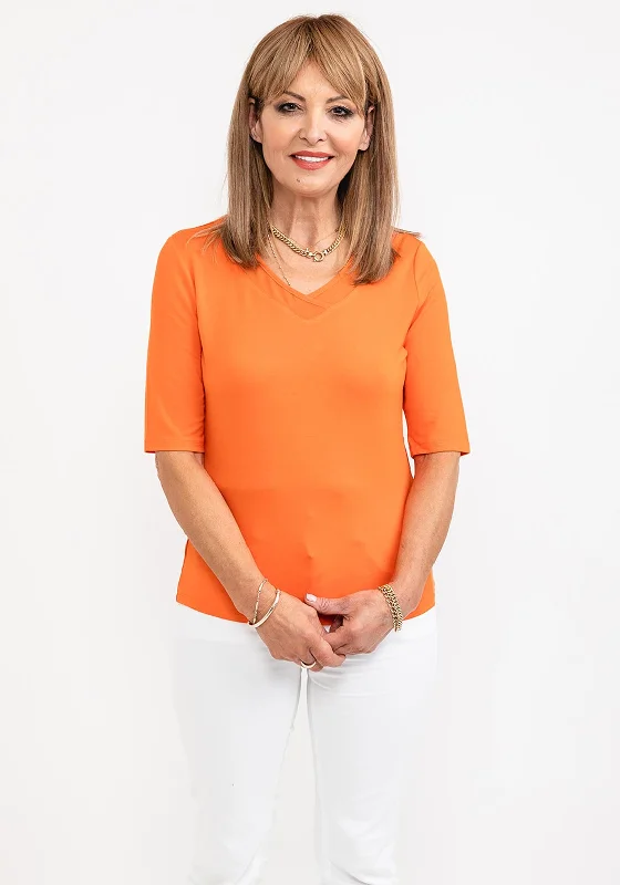 Barbara Lebek Mesh Trim Neck T-Shirt, Orange-- Notch Collar Peter Pan Collar Cowl Neck