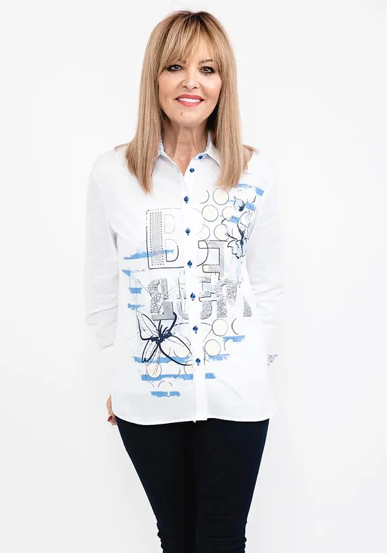 Just White Rhinestone & Print Shirt, White & Blue-- Print Jacquard Patchwork