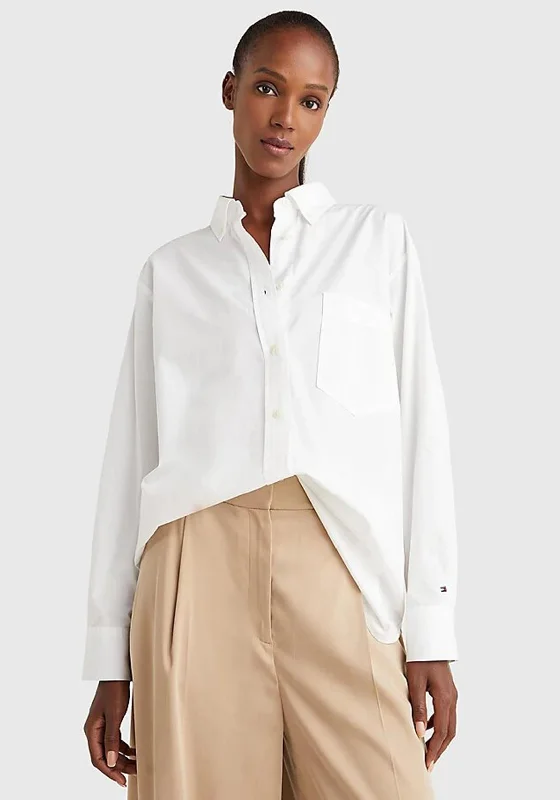 Tommy Hilfiger Womens Oversized Shirt, Optic White-- Collared T-Shirt Boat Neck A-Line