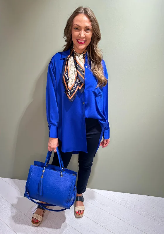 Seventy1 Oversize Satin Shirt, Royal Blue-- Houndstooth Herringbone Solid