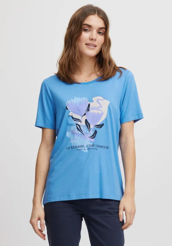 Fransa Flower Print Tshirt, Powder Blue-- Hooded Caped Shawl Collar