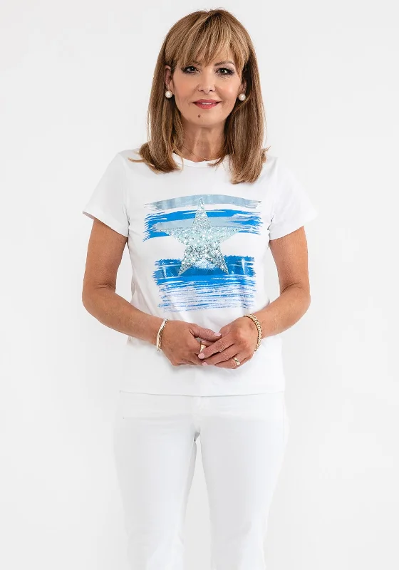 d.e.c.k. by Decollage Sequin Star T-Shirt, White & Blue-- Beaded Sequined Faux Fur