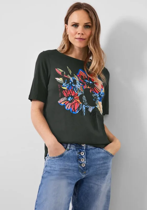 Cecil Sequin Floral Graphic T-Shirt, Easy Khaki-- Graphic Embroidered Appliqued