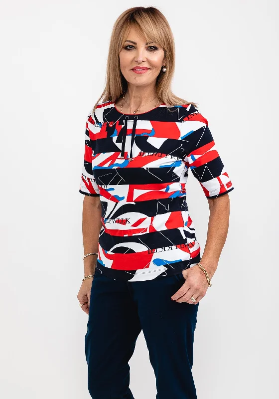 Rabe Abstract Shape Tie Collar T-Shirt, Red Multi-- Knit Fabric Woven Fabric Fleece Fabric Rabe Abstract Shape Tie Collar T-Shirt, Red Multi-- Knit Fabric Woven Fabric Fleece Fabric