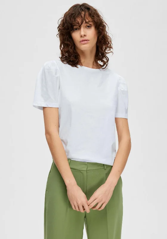 Selected Femme Puff Sleeve T-Shirt, Bright White-- Boxy Fit Fitted Loose