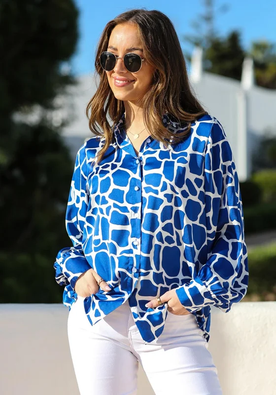 Rant & Rave Gwen Animal Print Shirt, Blue-- Mesh Canvas Denim