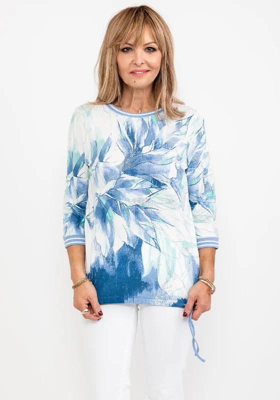 Olsen Leaf Print Tie Hem T-Shirt, Blue Multi-- Striped Floral Plaid