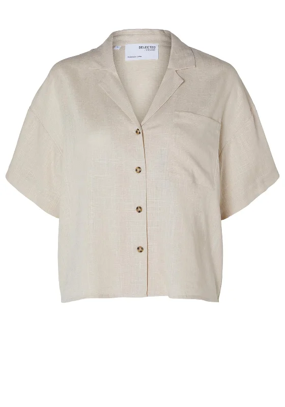 Selected Femme Eloisa Crop Linen Blend Shirt, Sandshell-- Mesh Blend Leather Blend Suede Blend