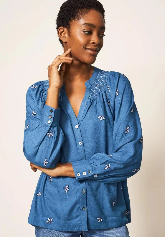 White Stuff Maude Embroidered Shirt, Teal-- Lace Blend Ribbed Blend Corduroy Blend