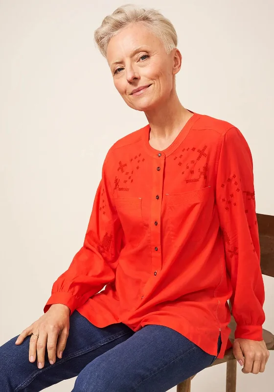 White Stuff Marta Embroidered Shirt, Orange-- Notch Collar Peter Pan Collar Cowl Neck White Stuff Marta Embroidered Shirt, Orange-- Notch Collar Peter Pan Collar Cowl Neck