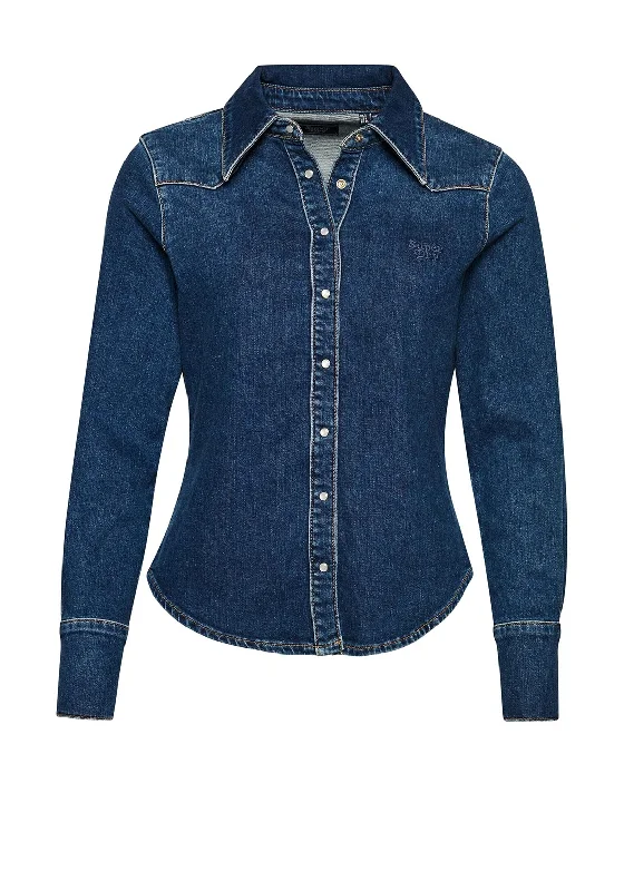 Superdry Womens Vintage Western Denim Shirt, Fulton Blue-- Wool Fabric Cashmere Fabric Tweed Fabric
