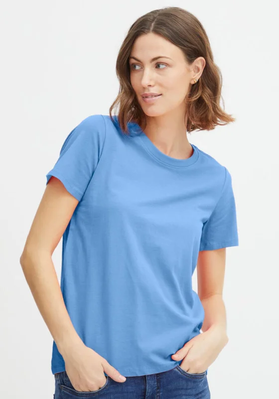 Fransa Round Neck T-Shirt, Powder Blue-- Notch Collar Peter Pan Collar Cowl Neck
