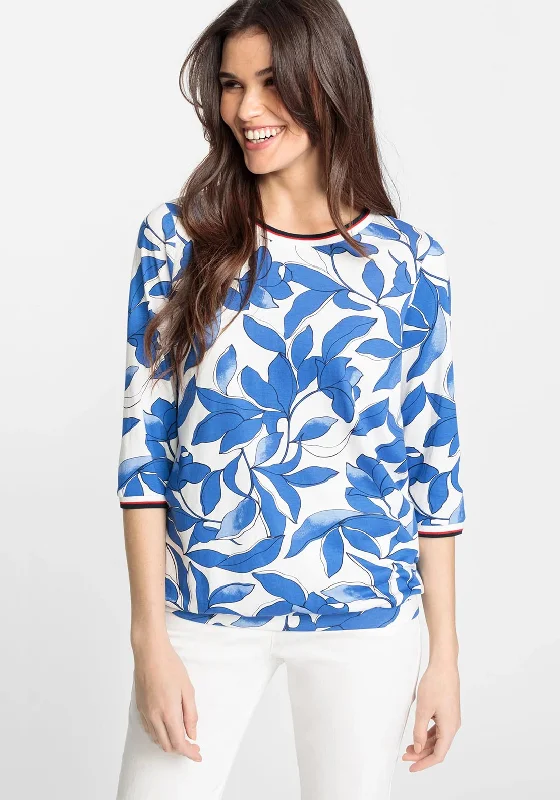 Olsen Leaf Print Ribbed Neck T-Shirt, Blue Multi-- Striped Floral Plaid