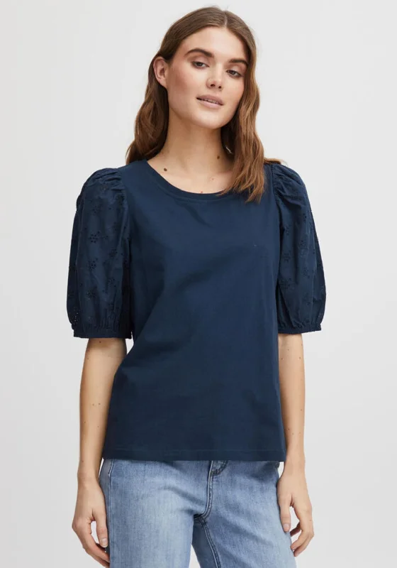 Fransa Mae Puff Sleeve T-Shirt, Navy-- Chenille Blend Fleece Blend Nylon Blend