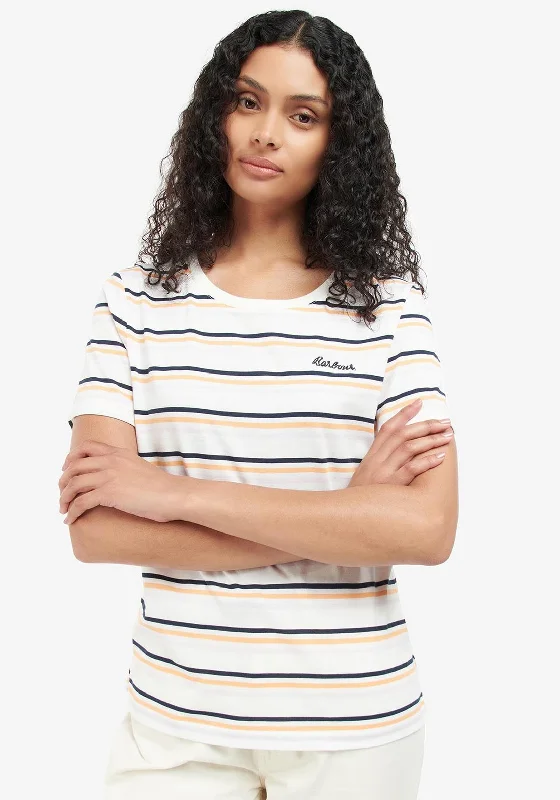 Barbour Womens Picnic Striped T-Shirt, White Multi-- Mesh Blend Leather Blend Suede Blend