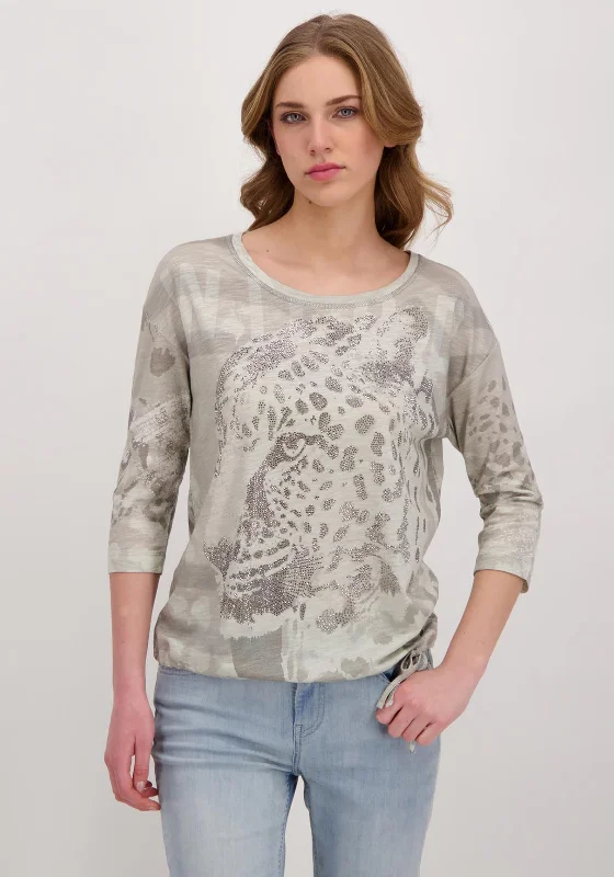 Monari Rhinestone Leopard T-Shirt, Sage-- Cotton Fabric Linen Fabric Terry Fabric