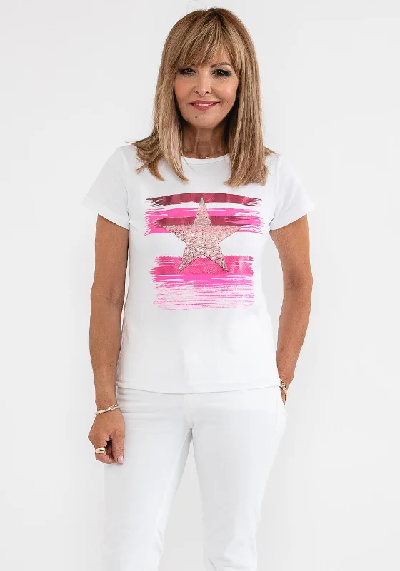 d.e.c.k. by Decollage Sequin Star T-Shirt, White & Pink-- Graphic Embroidered Appliqued d.e.c.k. by Decollage Sequin Star T-Shirt, White & Pink-- Graphic Embroidered Appliqued