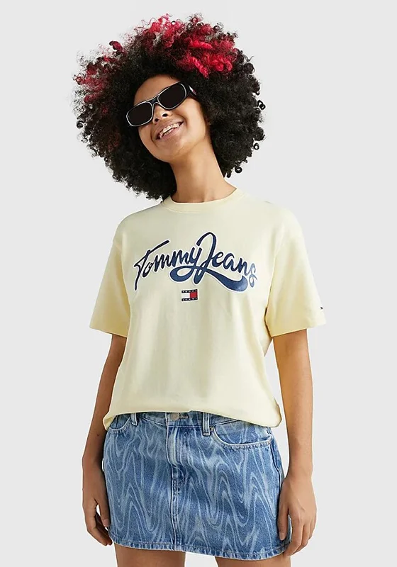 Tommy Jeans Womens Pop Crew Neck Tshirt, Lemon Zest-- Elegant Classic Vintage