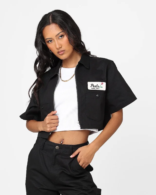 X-Girl Women's Peels Zip Up Cropped T-Shirt Black-- Solid Print Embellished