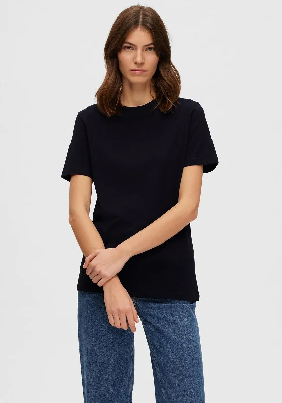 Selected Femme Essential T-Shirt, Black-- Ribbed Striped Patterned
