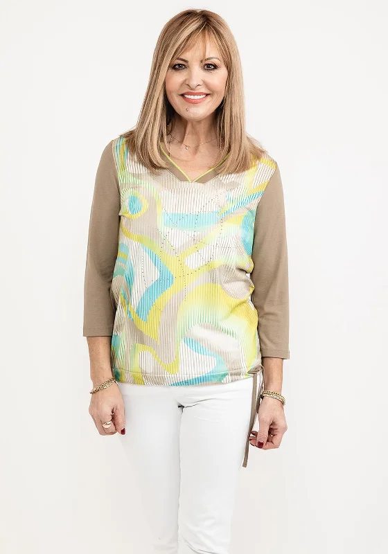 Barbara Lebek V Neck Print T-Shirt, Olive-- Asymmetrical Pockets Print