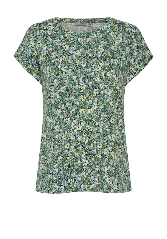 Fransa Floral Round Neck T-Shirt, Green Multi-- Hooded Caped Shawl Collar