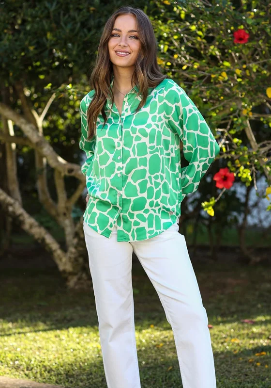 Rant & Rave Gwen Animal Print Shirt, Green-- Handmade Hand-knitted Hand-woven