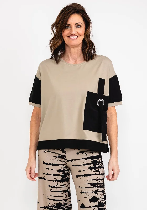 Elsewhere Contrast Material Trim T-Shirt, Cafe Creme-- Embroidered Appliqued Beaded