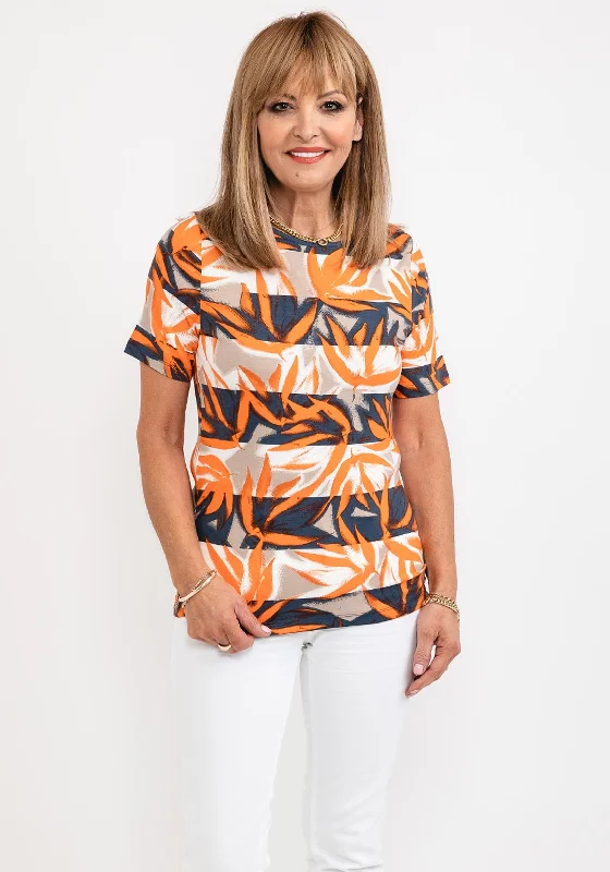 Barbara Lebek Leaf Panel Print T-Shirt, Orange & Charcoal-- Print Jacquard Patchwork