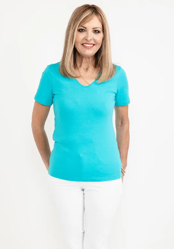 Dolcezza V Neck T-Shirt, Aqua-- Mesh Canvas Denim