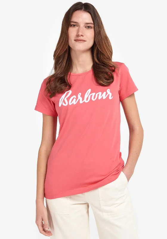 Barbour Womens Otterburn T-Shirt, Pink Punch-- Notch Collar Peter Pan Collar Cowl Neck