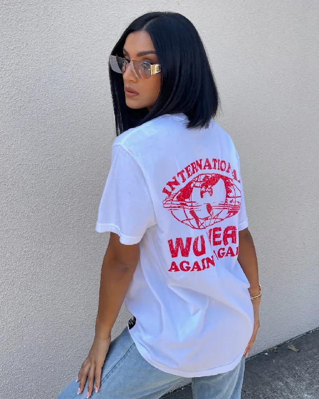 Wu Wear Merch Again & Again T-Shirt White-- Denim Fabric Leather Fabric Suede Fabric Wu Wear Merch Again & Again T-Shirt White-- Denim Fabric Leather Fabric Suede Fabric