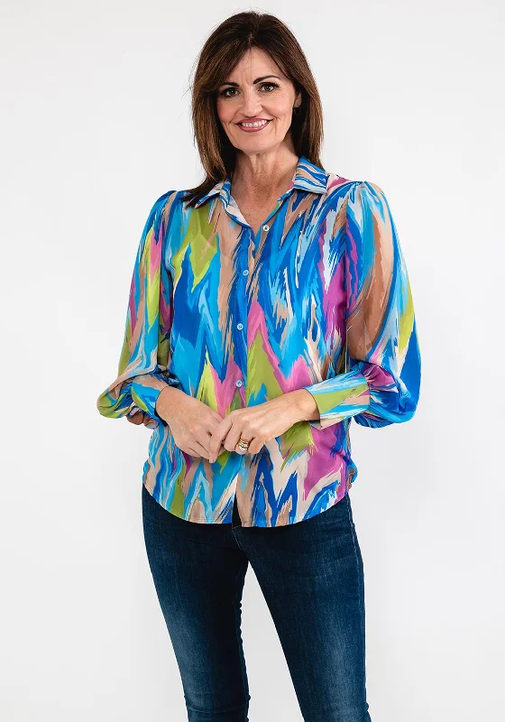 Seventy1 One Size Printed Chiffon Shirt, Blue Multi-- Zippered Front Buttoned Front Snap Front