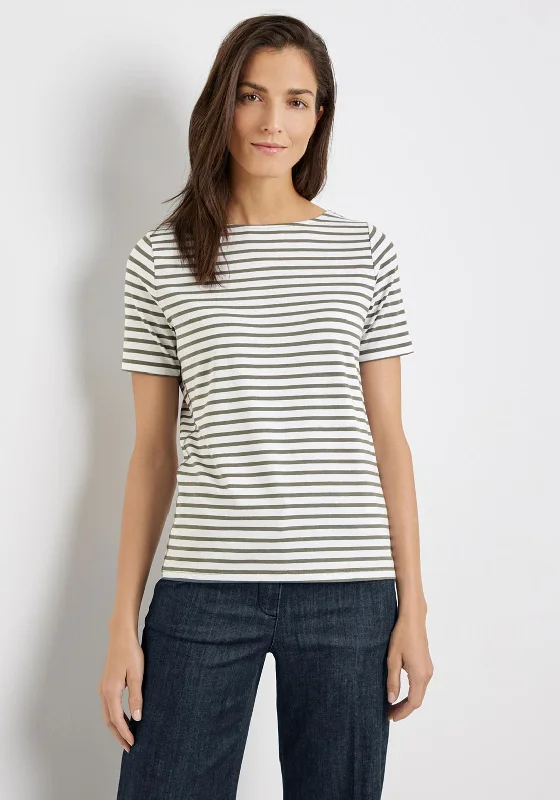 Gerry Weber Striped Boat Neck T-Shirt, Khaki & White-- Faux Fur Fabric Real Fur Fabric Shearling Fabric