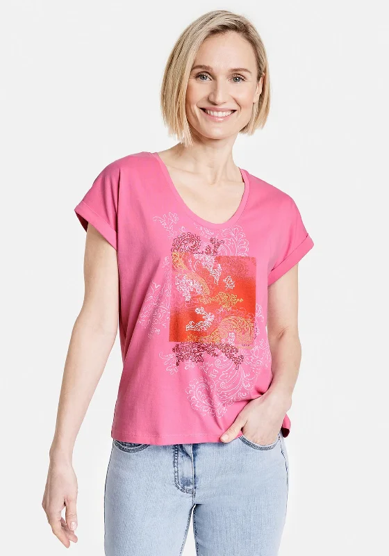 Gerry Weber Paisley Graphic T-Shirt, Pink-- V-Neck T-Shirt Long Sleeve Cotton