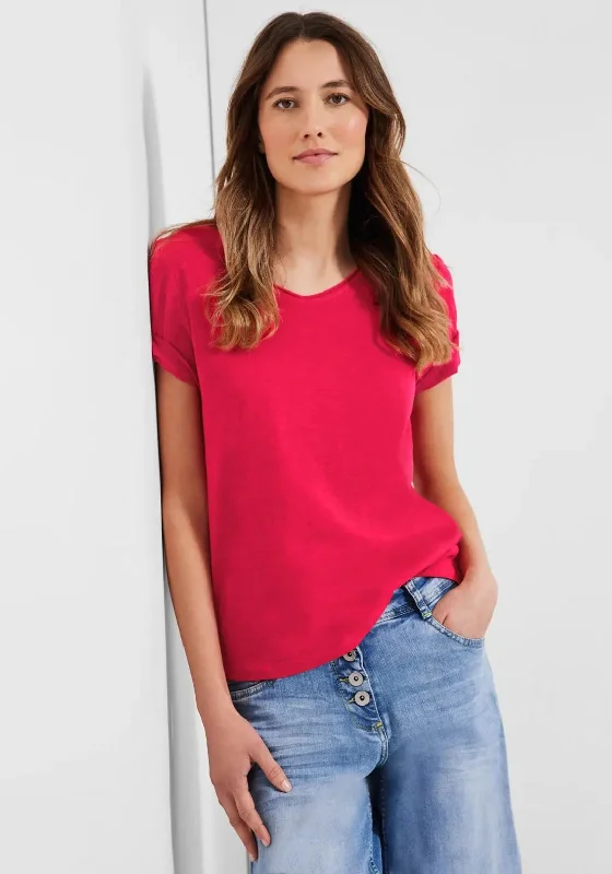 Cecil Rounded V Neck T-Shirt, Strawberry Red-- Beaded Sequined Faux Fur