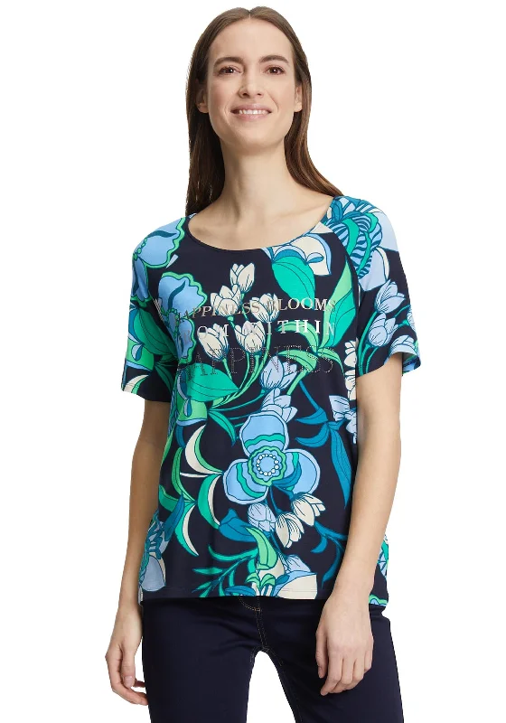 Betty Barclay Floral & Wording Print T-Shirt, Navy Multi-- Polka Dot Checkered Tartan