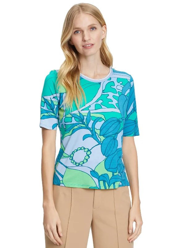 Betty Barclay Abstract Outline Print T-Shirt, Teal Multi-- Striped Floral Plaid