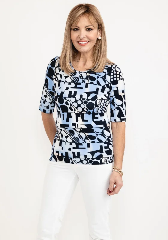 Barbara Lebek Shape Print T-Shirt, Navy & Blue-- Collared T-Shirt Boat Neck A-Line
