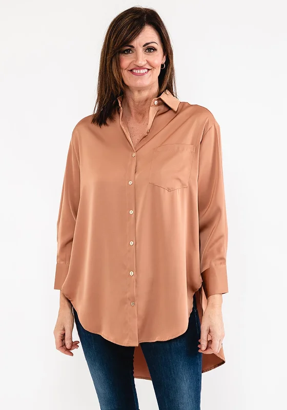 Seventy1 Oversize Satin Shirt, Tan-- Collared Crew Neck Turtle Neck