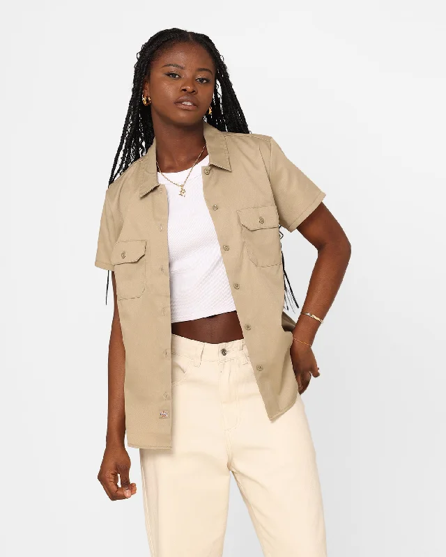 Dickies Women's 574 Short Sleeve Work Shirt Khaki-- Elegant Classic Vintage